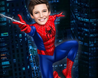 父の日ギフト、パーソナライズされたスパイダーマンの似顔絵、誕生日招待状ギフト、スパイダーマン漫画、カスタムスーパーヒーローポートレート