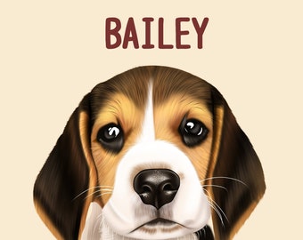May include: A close-up portrait of a Beagle puppy with brown, white, and black fur. The puppy is looking directly at the camera with a sweet expression. The puppy's name, "BAILEY", is written in brown text above the puppy's head.