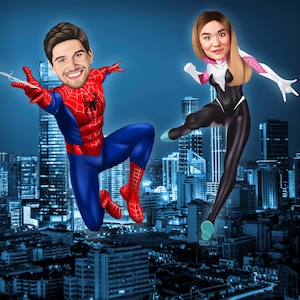 Regali per la festa del papà, caricatura di coppia di Spiderman personalizzata, invito di compleanno, cartone animato Ironman, supereroi personalizzati