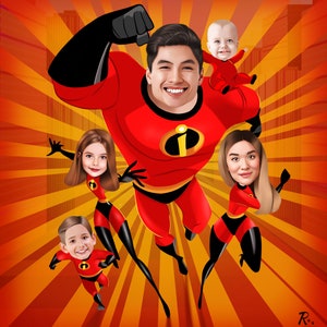 Father Day Gifts, Superhero Dad, The Incredibles Family Portrait, Personalized The Incredibles Family Gift Caricature,Birthday Gifts