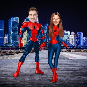 Regali per la festa del papà, caricatura di coppia di Spiderman, regalo a forma di cartone animato di Spiderman, ritratto personalizzato di supereroi, regali per il partner