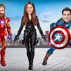 Cadeaux fête des pères, portrait de papa super-héros - carte d'invitation cadeaux personnalisée Captain America caricature veuve noire dessin animé Iron man Kid