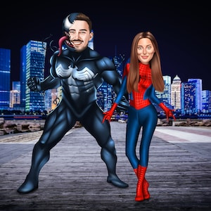 Father Day Gifts, Couple Spiderman/Venom Portrait Caricature, Spiderman/Venom Gift Cartoon, Superheroes Portrait, Gifts For Partner