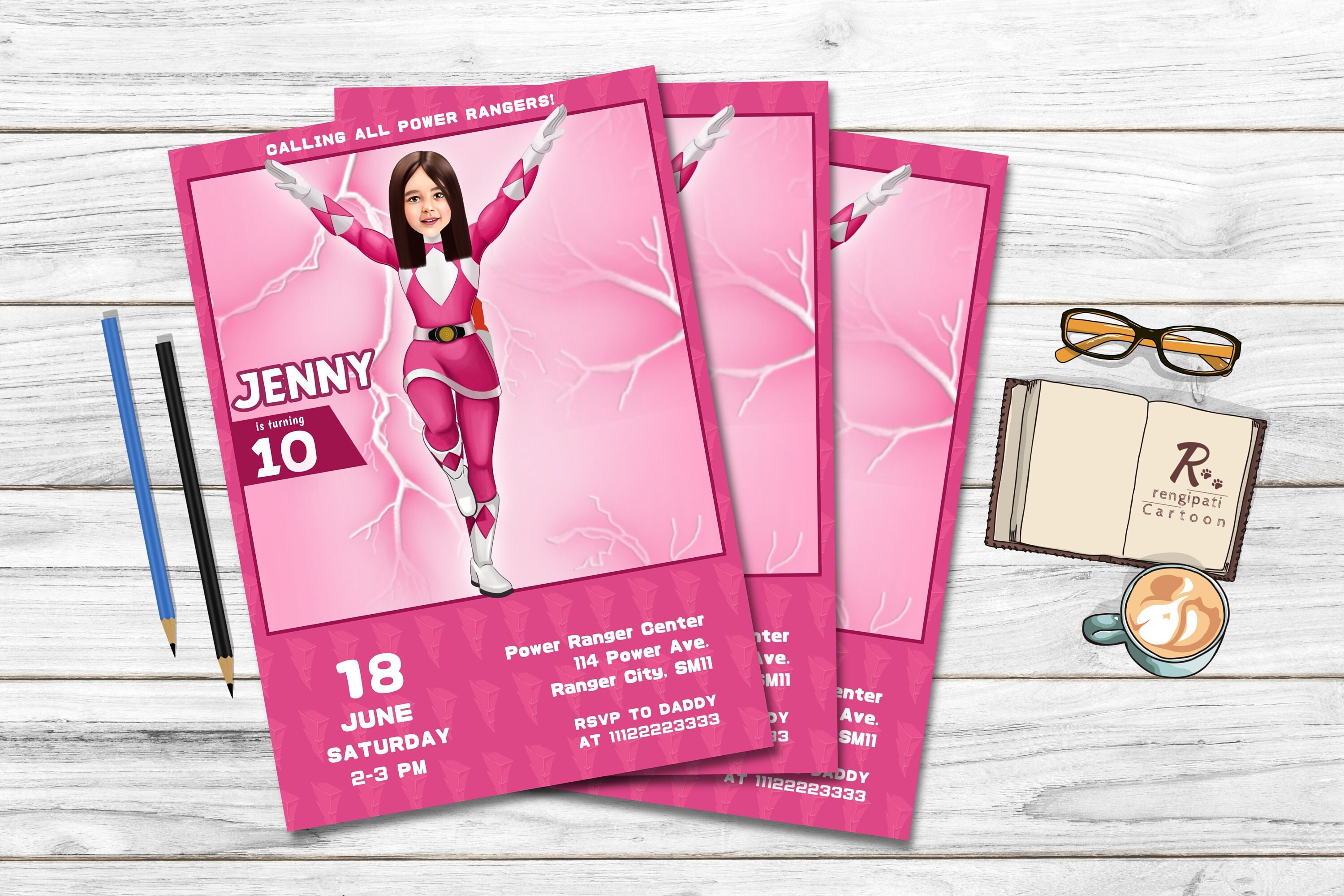 Custom Power Ranger Pink Invitation Card Birthday Party Invite Printable Digital Download Red Power Ranger invitation