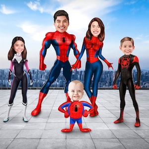 Father Day Gifts, Card Superheroes Dad Family Portrait, Caricature Gift For Group, Family Cartoon Gift, Custom Family Gift, New Year Xmas