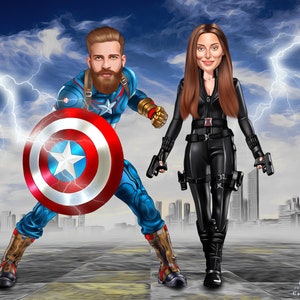 Father Day Gifts, Card Couple Captain America-Black Widow Custom Caricature, Birthday Invitation Gift Iron Man Portrait Gift Hulk Cartoon