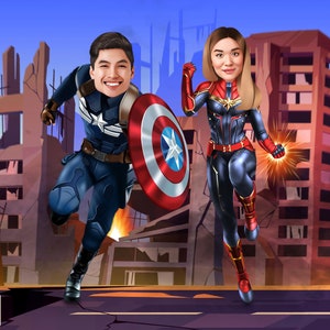 Coppia Capitan America-Vedova Nera Caricatura personalizzata, regali per la festa della mamma, regalo di coppia di Spiderman Ritratto Hulk Regali dei cartoni animati per il partner