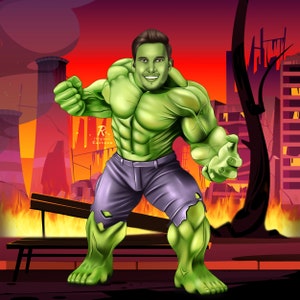 Regali per la festa del papà, ritratto personalizzato di Hulk, caricature di Hulk personalizzate, inviti di compleanno per bambini a tema Hulk, costumi da supereroi