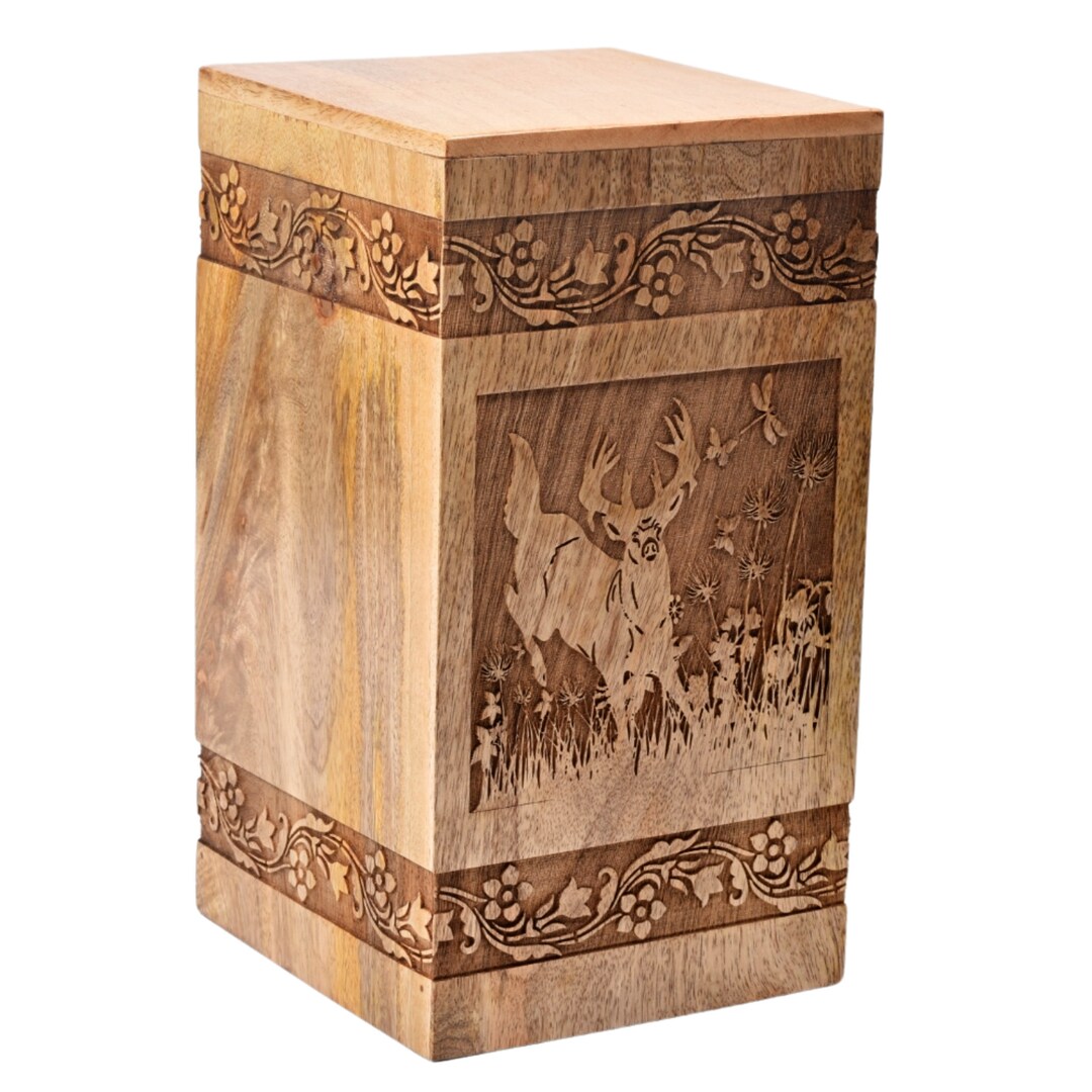 EMPORIUM Mango Wood Urn for Human Ashes Deer of Life Wooden Box Personalized Cremation Urn for