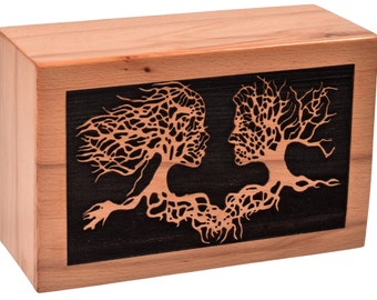 Emporium Beechwood Cremation Box for Human Ashes - Zwei seelenvolle Gesichter personalisierte Kremation Urne für Haustiere Handarbeit Bestattung Holz Urne Box