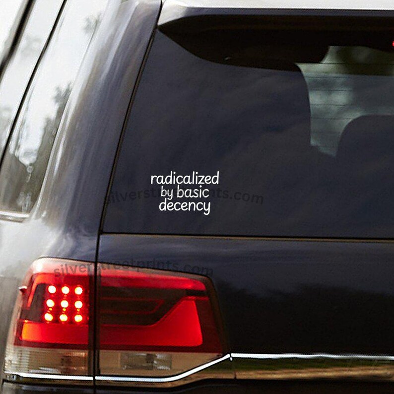 Radicalized by Basic Decency Vinyl Window Decal, Empathy Compassion Bumper Sticker, Anti 47, Anti MAGA Compact decal