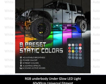 Car Interior RGB LED Strip Underbody Under Glow Light Kit Remote Control 60x90cm Universal