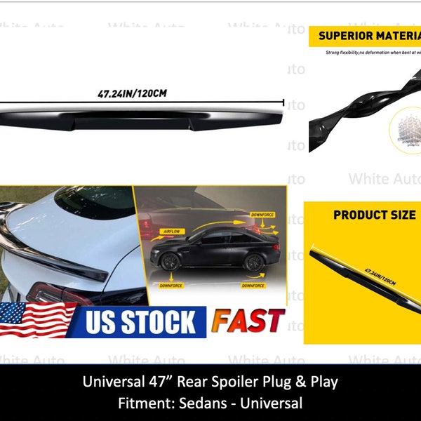 47” Universal Car Rear Wing Lip Spoiler Black Tail Trunk Roof Trim Sticker Decor