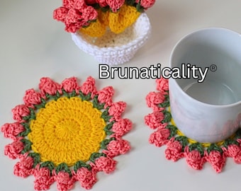 Crochet Flower Pot Coaster Set Pattern, Tulip Crochet Coaster, crochet plant pot coaster set, crochet pattern, crochet, Brunaticality