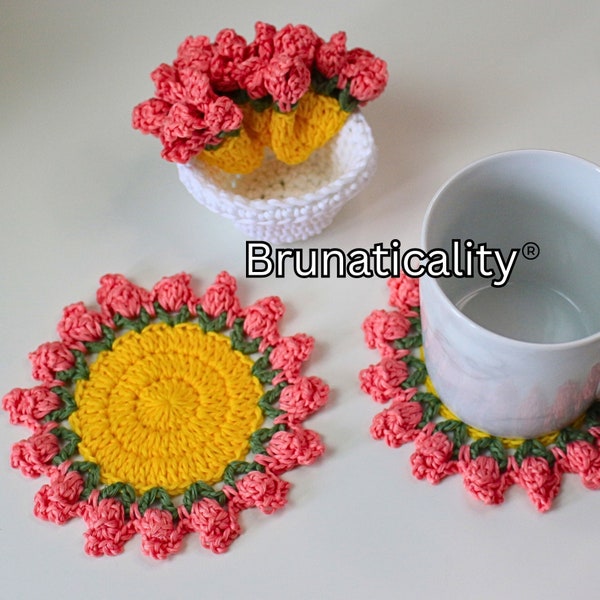 Crochet Flower Pot Coaster Set Pattern, Tulip Crochet Coaster, crochet plant pot coaster set, crochet pattern, crochet, Brunaticality