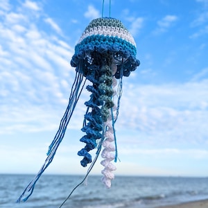 Può includere: Una medusa all'uncinetto con strisce blu, bianche e verdi appesa a un cielo blu. La medusa ha lunghi tentacoli fluttuanti.