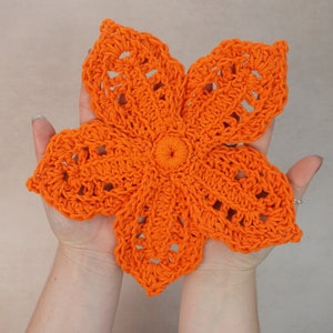 Può includere: Un fiore arancione all'uncinetto con una forma a stella a cinque punte.