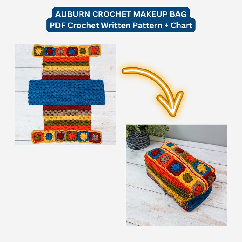 Puede incluir: Un neceser de crochet con un patr&oacute;n a rayas en tonos de rojo, naranja, amarillo, verde, marr&oacute;n y azul. El neceser est&aacute; hecho con un patr&oacute;n de granny square y tiene una cremallera. El neceser se muestra tanto plano como ensamblado.