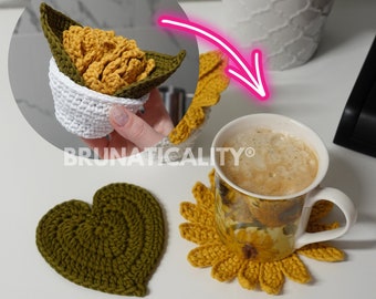Crochet Sunflower Pot Coaster Set WRITTEN PATTERN, crochet plant pot coaster pattern, Brunaticality