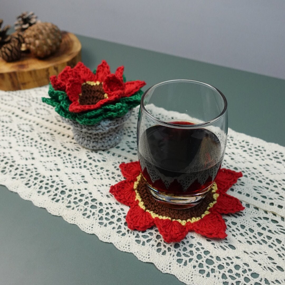 Crochet Poinsettia Flower Pot Coaster Set Pattern (PDF Download