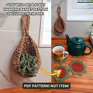 Crochet Succulent Plant Pot Coaster Set Pattern, crochet plant pot coaster pattern, crochet hanging basket included, Brunaticality image 3