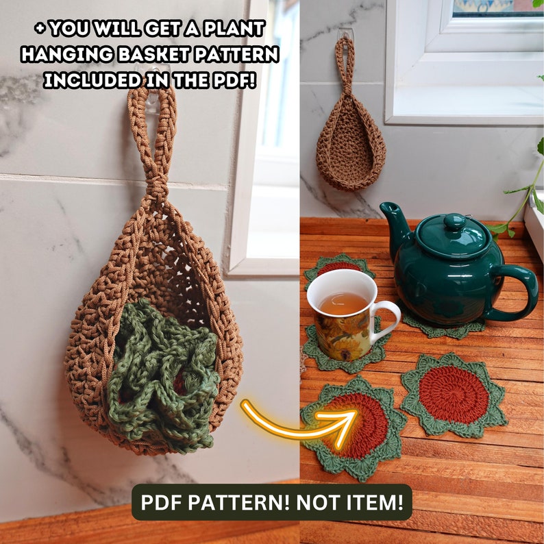 Crochet Succulent Plant Pot Coaster Set Pattern, crochet plant pot coaster pattern, crochet hanging basket included, Brunaticality image 3