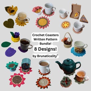 May include: A set of eight crochet coaster patterns. The patterns include a variety of designs, such as sunflowers, leaves, hearts, and baskets. The patterns are written in English and are available for download. Crochet Coasters Written Pattern Bundle! 8 Designs! by Brunaticality