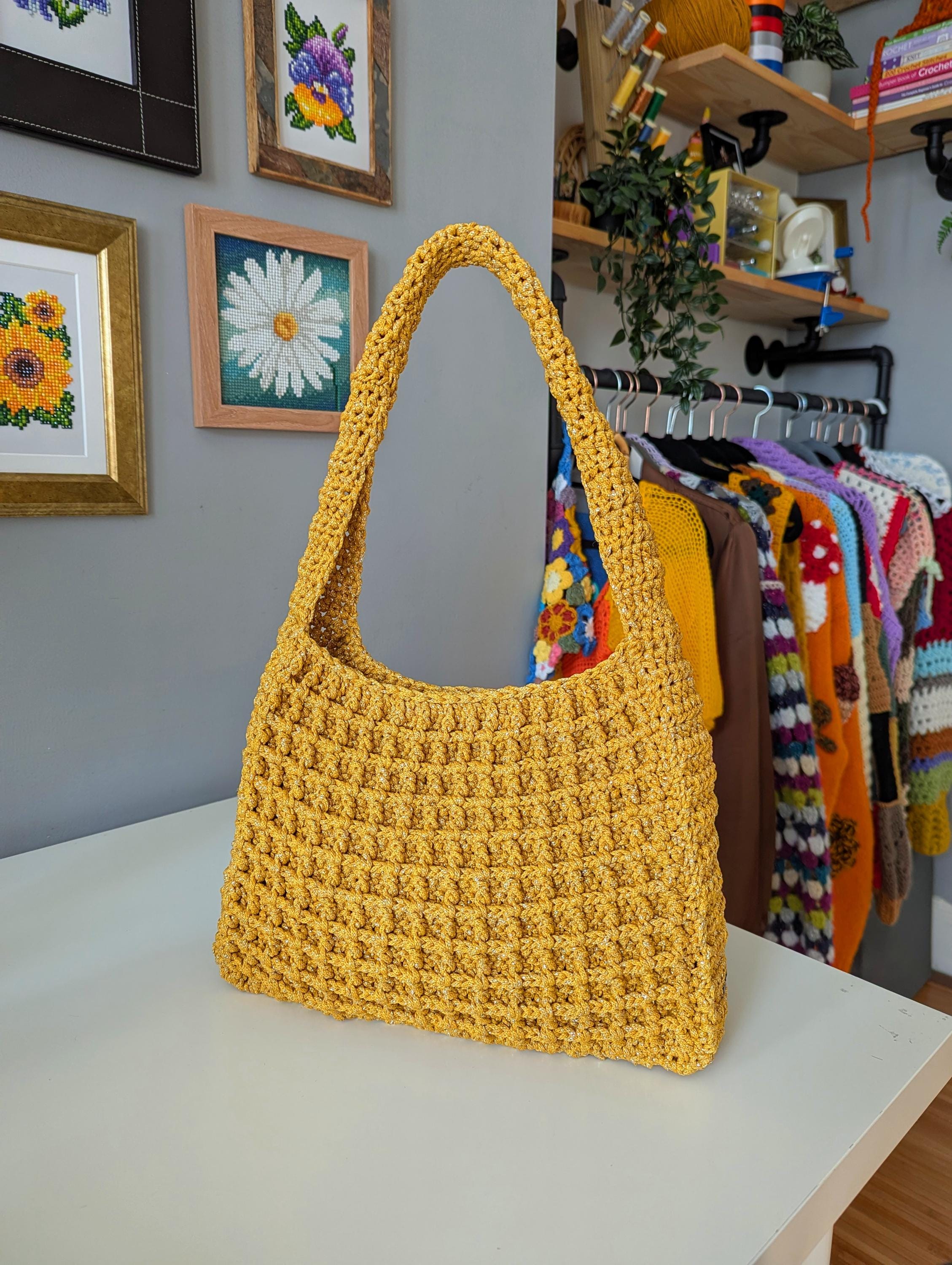 40 Crochet Shoulder Bags with Crossbody Bags, Tote Bags, and Bucket Bags 37 Waffle Stitch Crochet Shoulder Bag