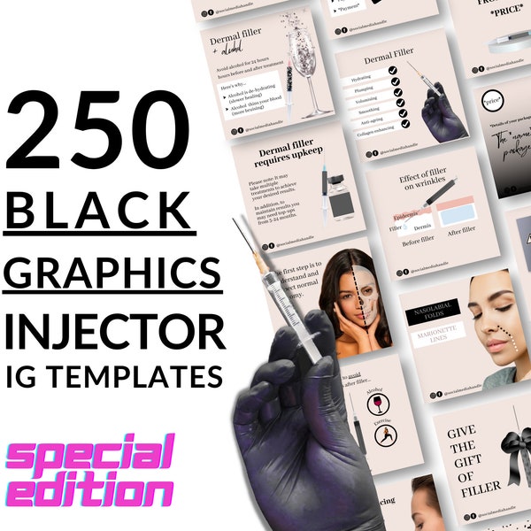 BLACK GRAPHICS Injector Instagram Template & Aesthetic Nurse Posts | MedSpa Canva Lip Filler Instagram Post Pack | Botox and Filler Template