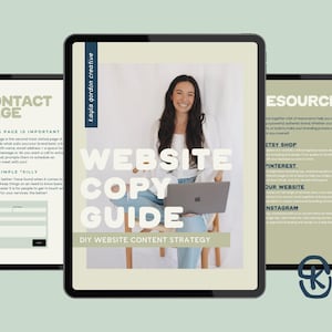 May include: A website copy guide with a woman sitting in a chair with a laptop on her lap. The guide is titled "Website Copy Guide: DIY Website Content Strategy".