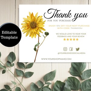 Sunflower Thank you cards, INSTANT DOWNLOAD Fully Editable and Printable, Small Business Thank You card,Etsy Note, Poshmark