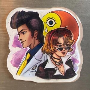 May include: A colorful illustration of two anime characters. The male character has black hair and is wearing a white suit with a yellow tie. The female character has pink hair and is wearing a black and white outfit with sunglasses. The background is a purple and pink watercolor wash.