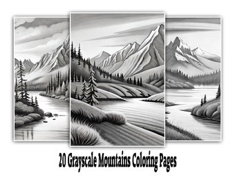 Scenic Mountain Landscapes - 20 Grayscale Coloring Pages - Instant Digital Download!