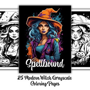 Witch Coloring Book - 25 Grayscale Modern Beautiful Gothic Witch Coloring Pages - Printable Art PDF - Instant Download!
