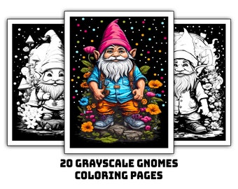 Cute Gnomes Grayscale Coloring Pages - Black Background (Instant Download)