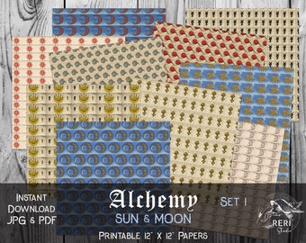 Könnte beinhalten: Set mit 10 digitalen druckbaren Papieren mit einem Alchemie-Thema mit Sonnen- und Mondsymbolen. Die Papiere sind 30,5 cm x 30,5 cm groß und im JPG- und PDF-Format erhältlich.