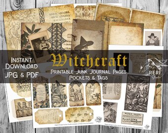 WITCHCRAFT Printable Junk Journal Pages, Pockets, Tags, Envelope, Ephemera / Witch Vintage Journal Kit / Scrapbooking / Instant Download
