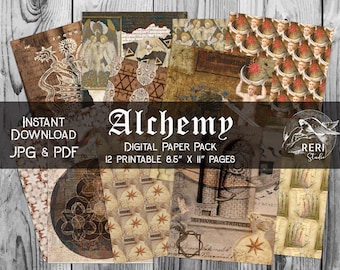 Könnte beinhalten: Ein digitales Papierpaket mit 12 druckbaren Seiten mit Illustrationen und Text im Vintage-Stil zum Thema Alchemie. Die Seiten sind 8,5 Zoll mal 11 Zoll groß. Der Text auf dem Bild lautet "Alchemy Digital Paper Pack 12 Printable 8.5" x 11" Pages".