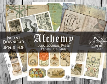 May include: A digital download of printable junk journal pages, pockets, and tags with an alchemy theme. The pages feature vintage illustrations and text in a brown, cream, and white color scheme. The text includes the words "Alchemy", "Junk Journal Pages", "Pockets & Tags", and "Instant Download JPG & PDF".