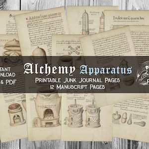 Puede incluir: Doce páginas imprimibles con ilustraciones vintage de aparatos de alquimia, incluyendo un horno, una retorta y un crisol. Las páginas están en un esquema de color marrón y blanco con texto escrito a mano en una fuente de estilo medieval. El texto incluye las palabras "Alchemy Apparatus", "Printable Junk Journal Pages" y "12 Manuscript Pages".