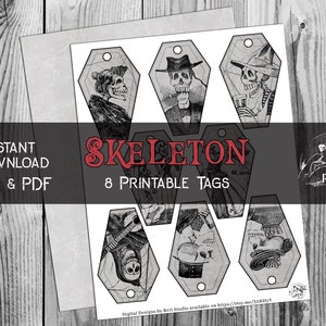 8 Printable Skeleton Tags, Spooky Halloween Ephemera for Junk Journals Collages, Scrapbooks, Instant Download, Calavera Mexican culture