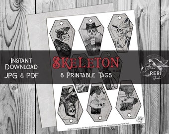 8 Printable Skeleton Tags, Spooky Halloween Ephemera for Junk Journals Collages, Scrapbooks, Instant Download, Calavera Mexican culture