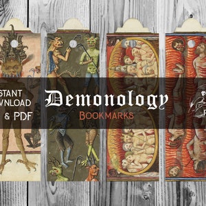 Teufel und Flammen der Hölle, Mittelalter Handschriften Lesezeichen, Digitale Vintage okkulte und satanische Ephemera, Sofortdownload JPG & PDF