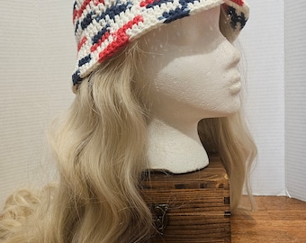 Crochet Bucket Hat- Red, White and Blue