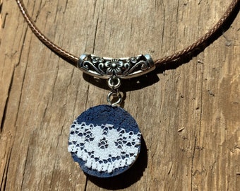 Upcycled Wine Cork 18" length Necklace - Blue hand painted background with vintage lace overlay