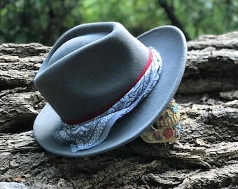 Handmade Western Fedora Hat, Gray Wool Felt with Bandana