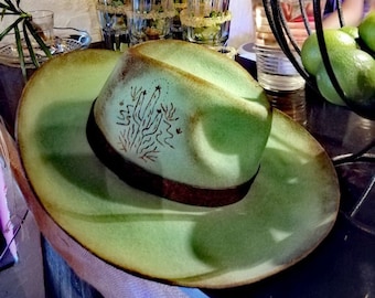 Handmade Mexican Fedora Hat, Hand-distressed and pyrography decor, Artisan Made