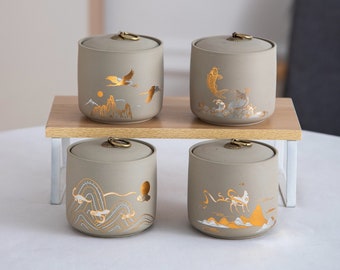 Japanese Style Ceramic Canisters with Lid Beige Brown Pottery Candy Tea Spices Sealed Jars Multipurpose Storage Containers Kitchen Storage