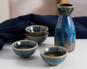 Hand Crafted Japanese Sake Set, Ceramic Sake Set with Cups, Sake Carafe, Handmade Sake Set, 130 ML Sake with 40 ML Cup, Drink & Barware