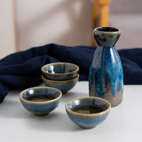 Hand Crafted Japanese Sake Set, Ceramic Sake Set with Cups, Sake Carafe, Handmade Sake Set, 130 ML Sake with 40 ML Cup, Drink & Barware